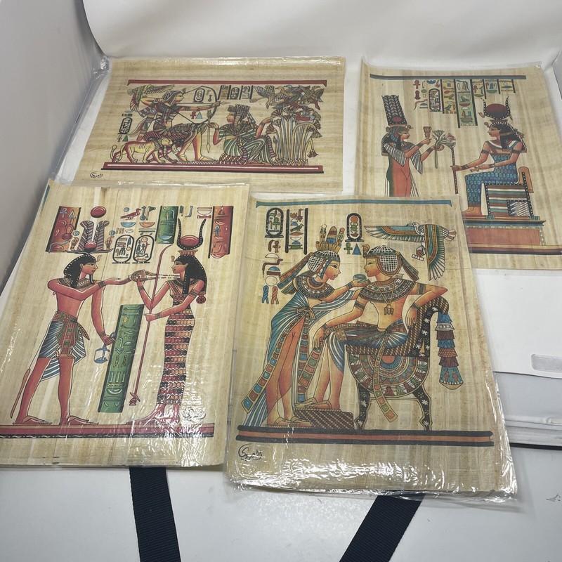 ANCIENT EGYPTIAN PAPYRUS PAINTING on Handmade Paper SIGNED 15X11 Inch Lot Of 4