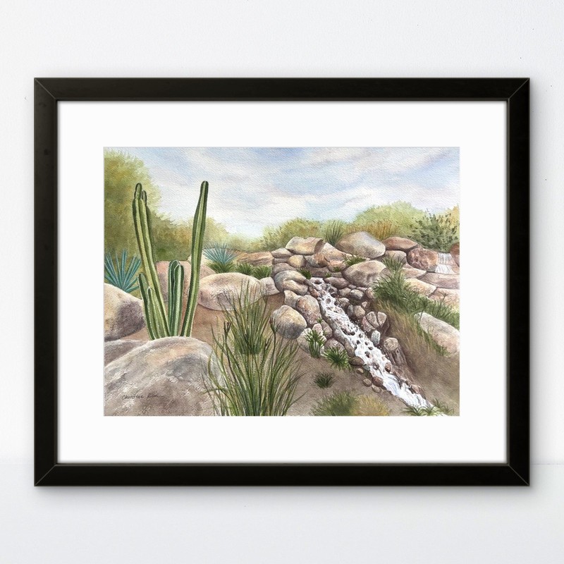 Original Watercolor Painting Landscape Waterfall 12 x 16 Framed Desert Cacti Art