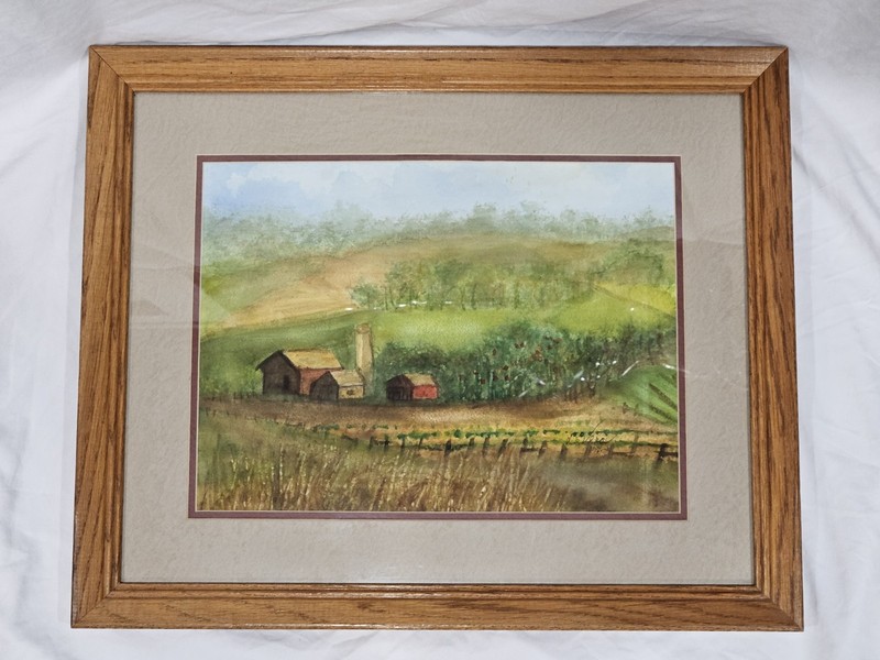 Rural Farm Landscape Watercolor – Barn & Silo – Signed DeVera – Framed 22″x18″