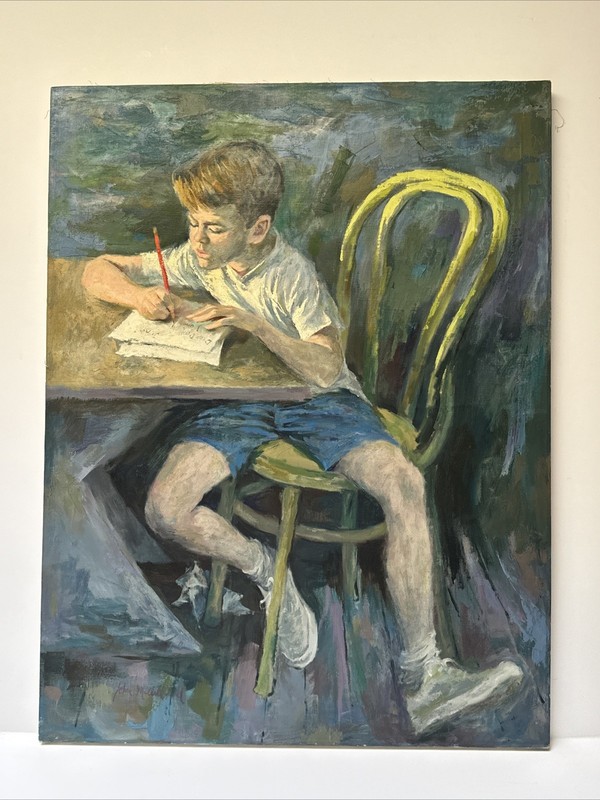 John Mcclelland Painting Portrait Boy Child Kid Large Mid Century Listed Famous