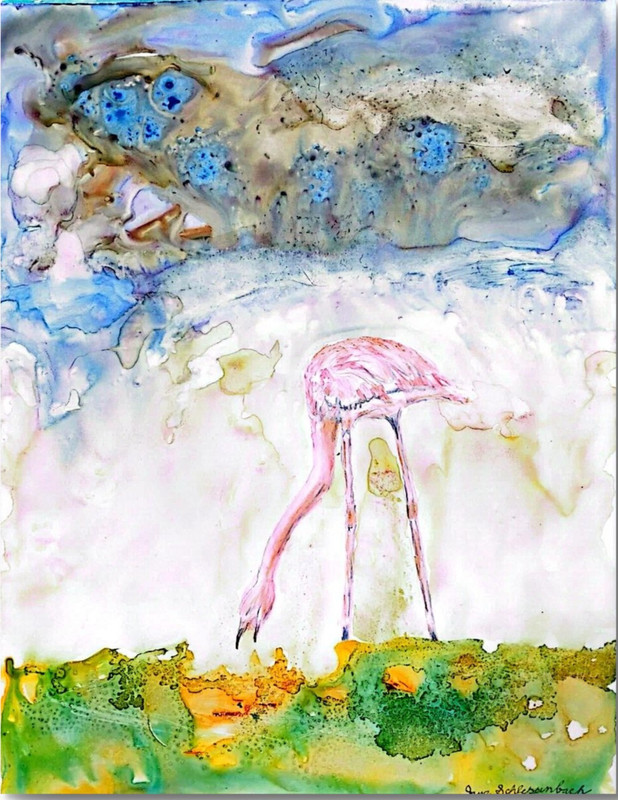 Flamingo Bird Modern 9x12 Original Signed Watercolor Painting BACH gallery