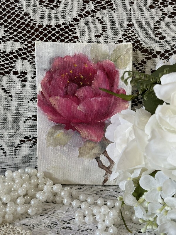 ￼ Dark Pink romantic single rose handpainted oil on 4 x 6 canvas￼