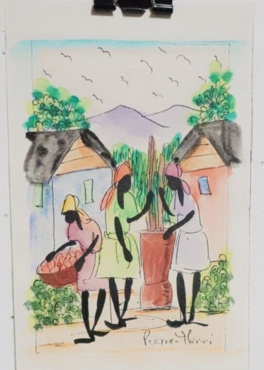 PIERRE HENRI JAMAICAN PEOPLE FRUIT MARKET SMALL ORIGINAL WATERCOLOR PAINTING