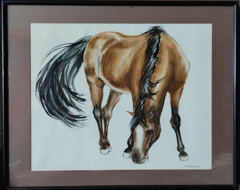 ORIGINAL WATERCOLOR ON PAPER OF THE HORSE BY S.FINKENBERG FRAMED AND GLAZED