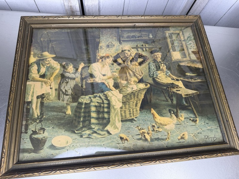 Vintage Peasant Family E.E. Zampighi Framed Art Print & Old Frame 1940s