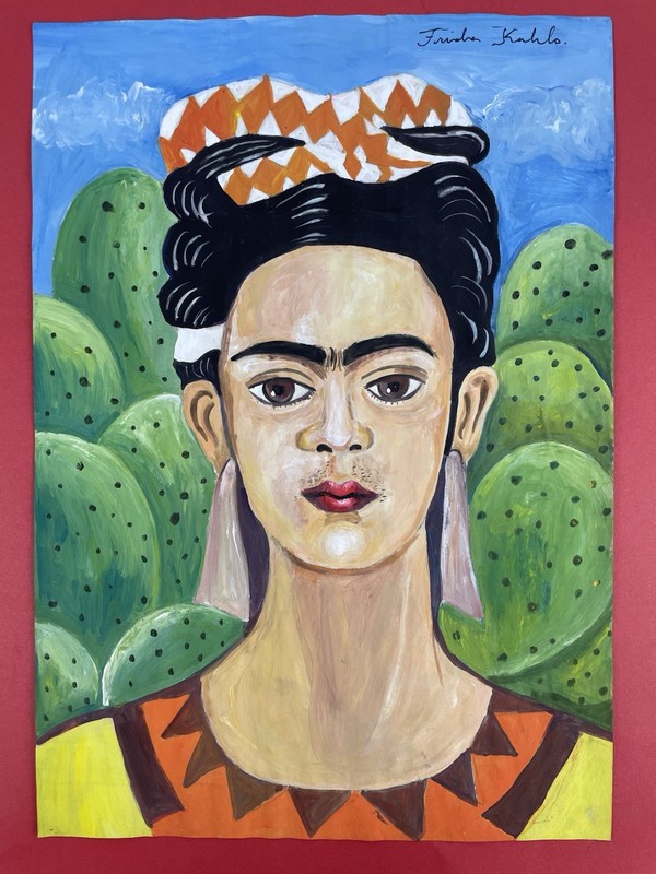 Frida Kahlo drawing and painting on old paper signed stamped vintage