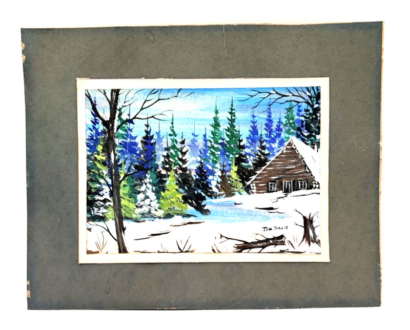 VTG Original Painting Rustic Cabin Snowy Woods Artist Jim Davis & Bonus Polaroid