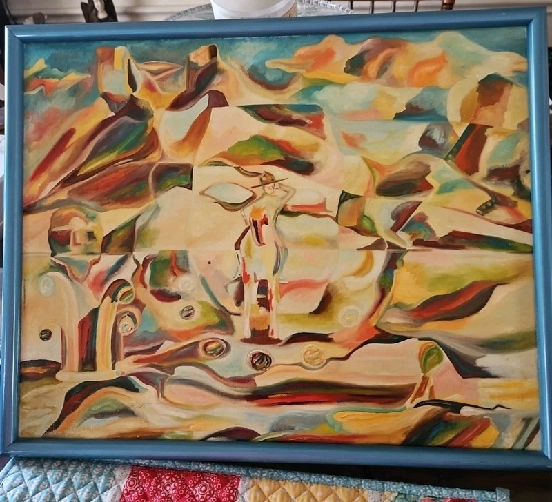 Vtg 84 Abstract Art Oil On Linen Tales Of The Mushroom Mountie Michael B.Stuart