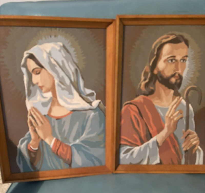 Vintage Pair Paint by Number Paintings Mary Jesus Double Sided Religious 1960