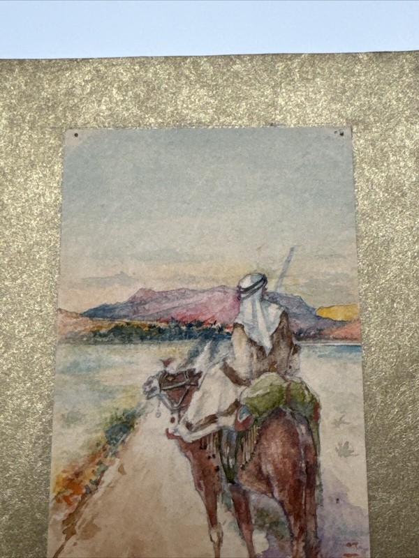 ORIENTALIST LANDSCAPE PAINTING ANTIQUE 1910'S SMALL ROAD TO MECCA MAN ON CAMEL gallery