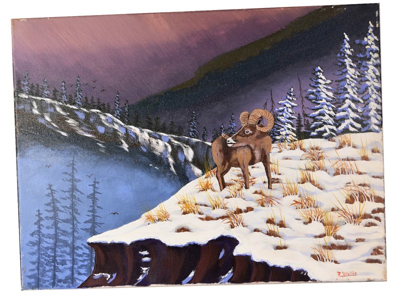 24″ Oil Painting Canvas Forestscape Pine Trees Bighorn Sheep Winter Art