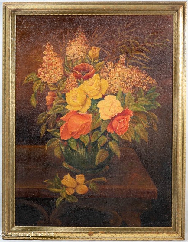 Stunning Antique Oil Painting of Classical Floral Still Life Red & Yellow Roses