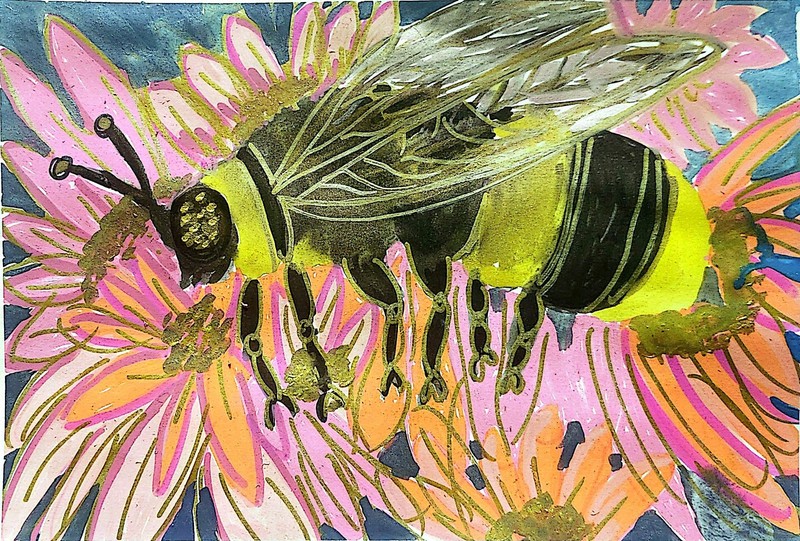 Honeybee On Flowers Original Expressionism Watercolor On Paper 9×12 Signed
