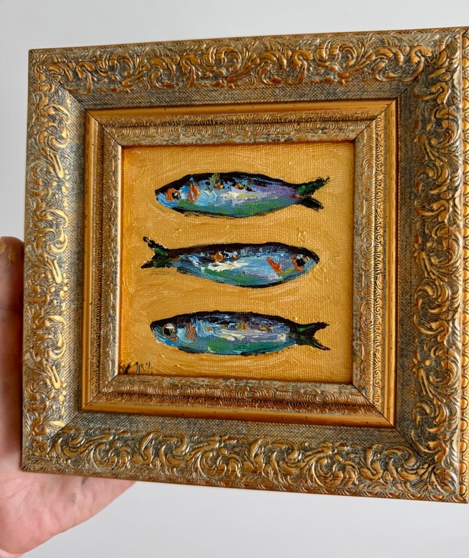 Framed Original Oil Painting Fish Sardines Coastal Nautical Still Life wall art gallery