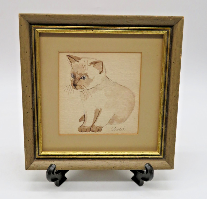 VTG Hand Drawn watercolor Siamese Kitten Framed Matted 7" square signed E Sweet gallery