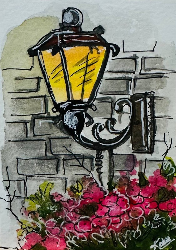 Vintage Lantern ACEO Original Watercolor Painting Floral Cottage Garden Art OOAK