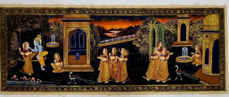 VINTAGE INDIA KISHANGARH SWINGING RADHA-KRISHNA GOUCHE WATERCOLOR 14.5″h X 37″w