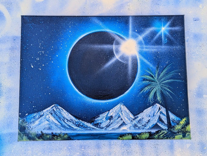 Midnight Eclipse 12×16 Spray Art on Canvas. Original Work. Signed.