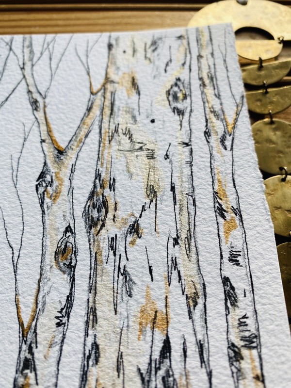 Original Watercolor Painting Landscape Birch Aspen Tree Wood Forest Gold MCM Art gallery