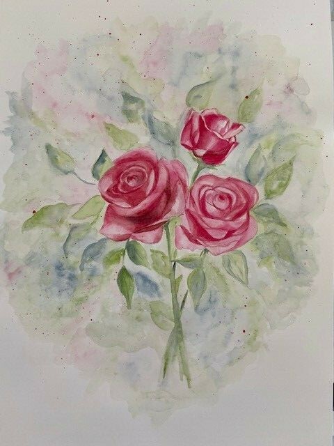 Hand painted Watercolor 10″ x 14″ Canson Heritage paper Bouquet of 3 Roses