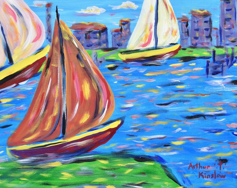 LOOK Arthur KINSLOW ORIGINAL Painting Three Sailboats in Harbor HAND SIGNED COA gallery