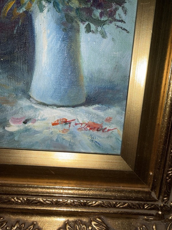 Robert Cox Original Oil Painting Flowers Vase Signed Gold Frame Vintage Pair gallery