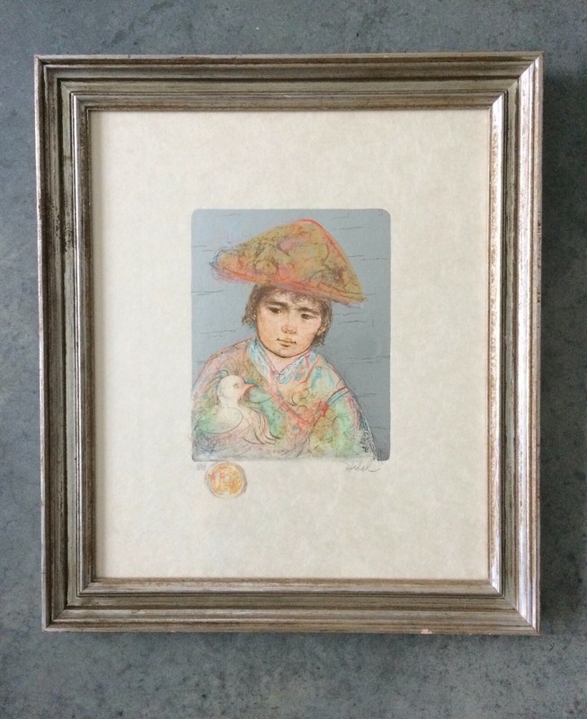 Edna Hibel pencil signed numbered Lithograph of Boy 265/375 Silver Leaf