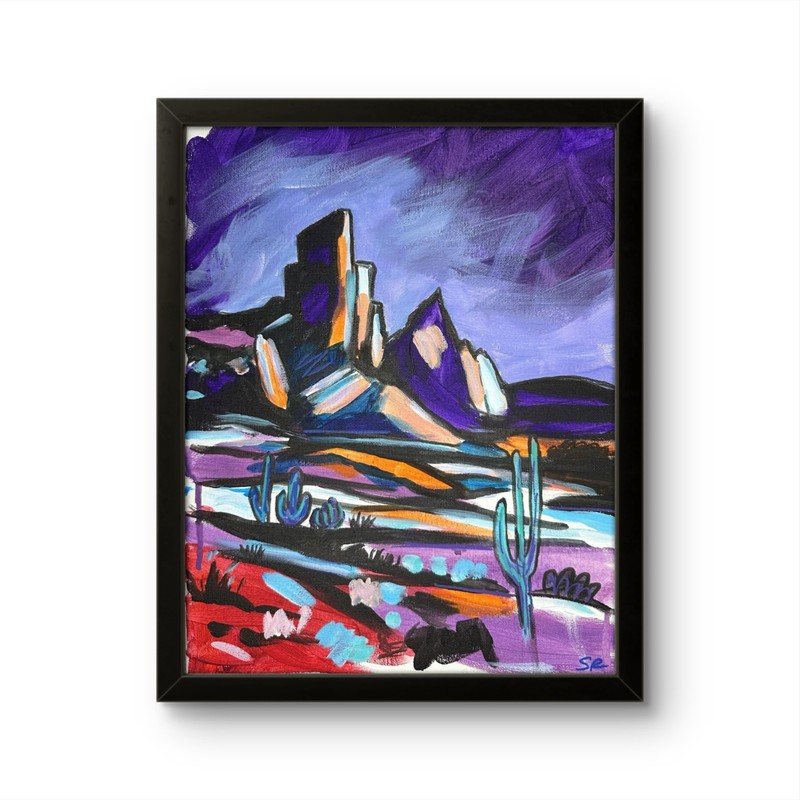 Western Landscape Purples Abstract Original Painting 11×14 Cactus Rustic Decor