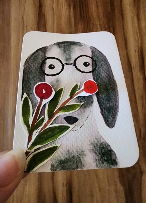 ACEO ORIGINAL WATERCOLOR ART DOG 3D Flowers gallery