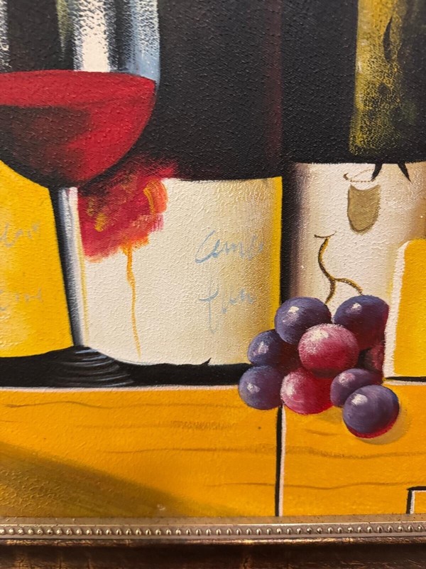 Vintage Still Life Painting - Bottles of Wine and Grapes - Framed Oil on Canvas gallery