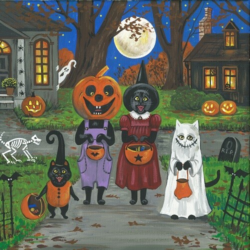 11×11 PRINT OF PAINING RYTA HALLOWEEN BLACK CAT WITCH TRICK OR TREAT FOLK ART