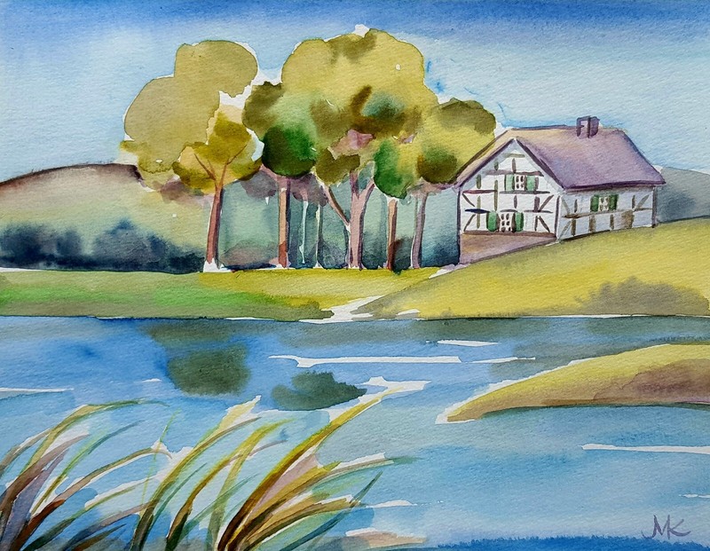Original Watercolor Landscape Painting House at Lake Seascape Signed