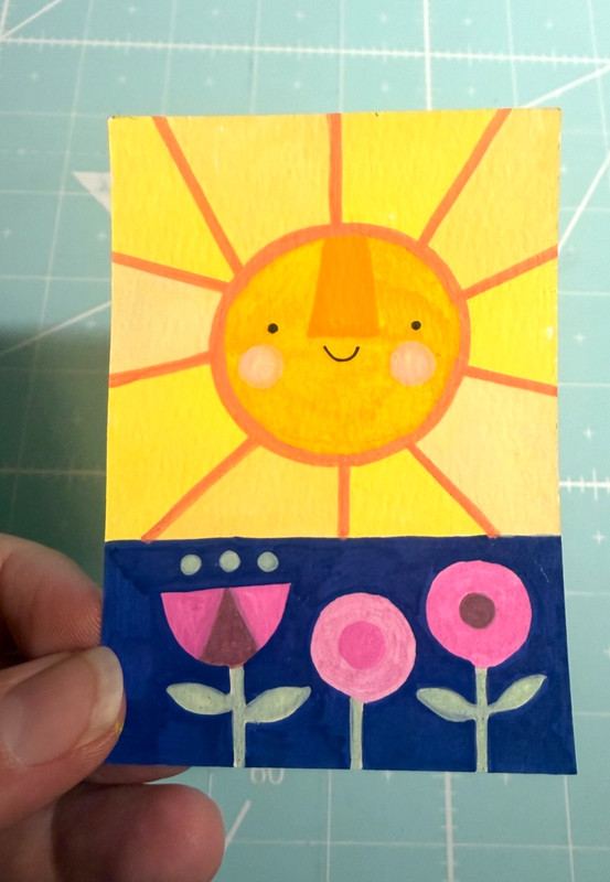 ACEO Original Acrylic abstract sun and flowers Painting Collectible Heavy Paper