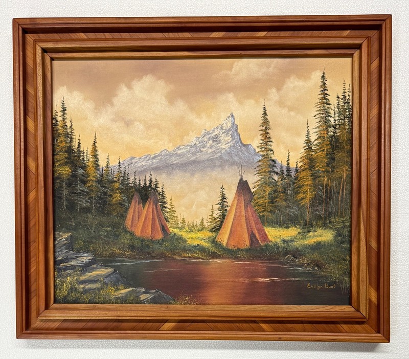 Vintage Mountain Lakeside Indian Village Signed Evelyn Bunt Framed Painting