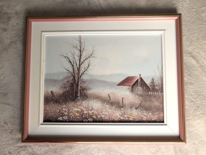 Vintage original oil painting PHILIP SANDEE Landscape Flowery Field Tree House