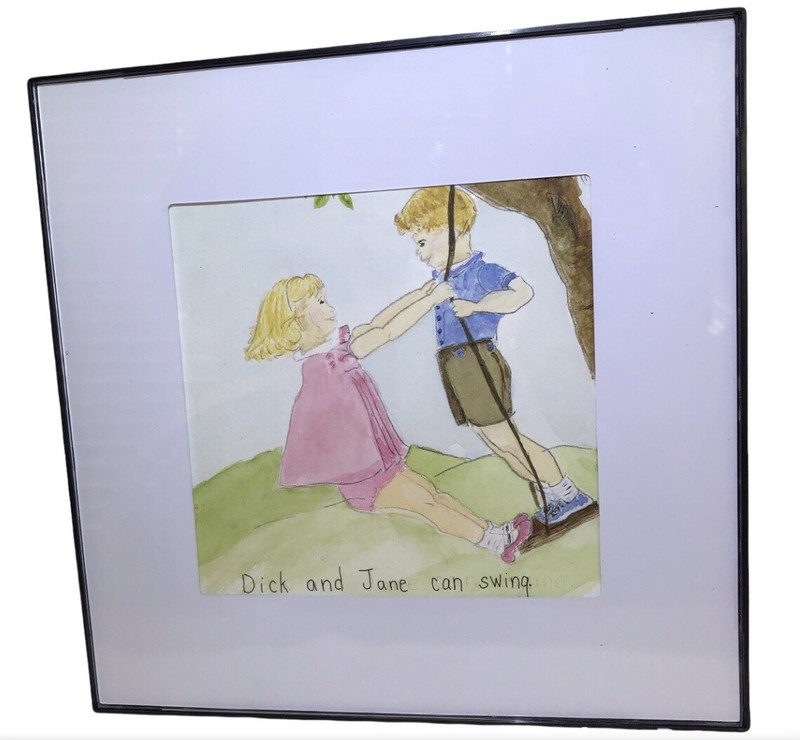 Handpainted Painting Glass Front framed “Dick and Jane can swing” 8×8 Small