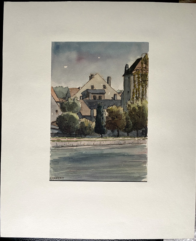 AQUARELL Historical Building On The Bank River France Antique Village Meadow