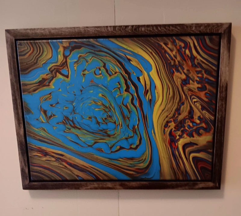 Beautiful Pour Painting On Canvas Framed In A Floating Wood Frame. 18" By 14". gallery