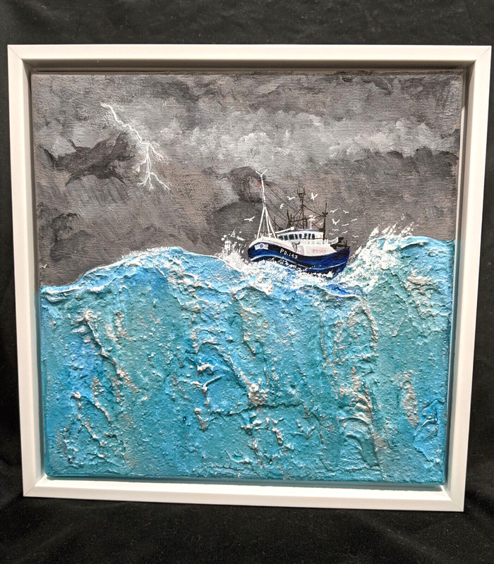 Stormy Seas, 10″x10″x1″ Textured canvas, acrylic ink&paint, white shadow frame