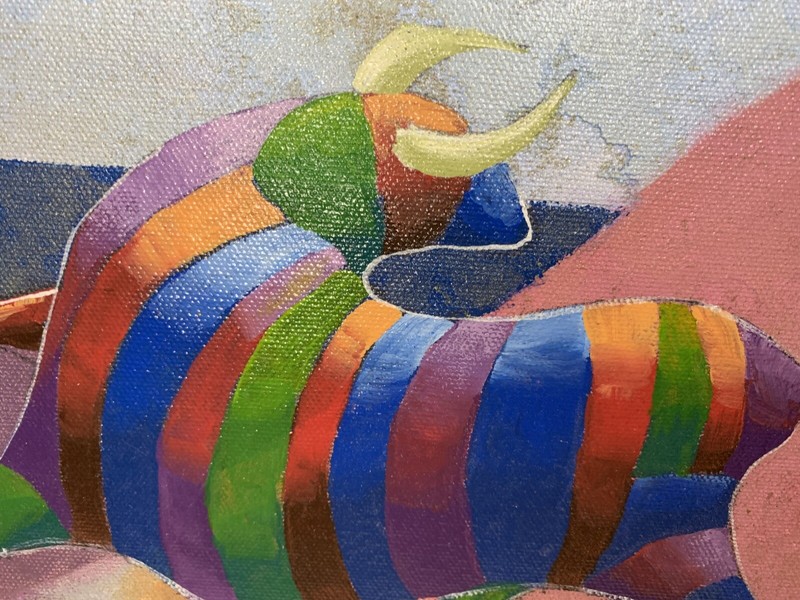 Original Bob Schindler Signed Painting Bull Colorful Framed Art 10.5” X 7.5” gallery