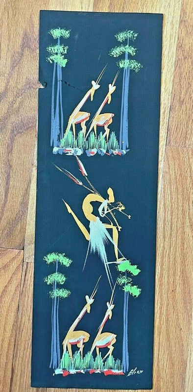 Vintage African Art Painting – 19 1/2″ x 6 1/2″ – Gazelles and Hunter
