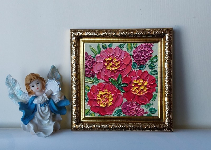Framed Peony Lilac Flowers Bouquet Floral Art 4x4” Impasto Oil Painting Original gallery