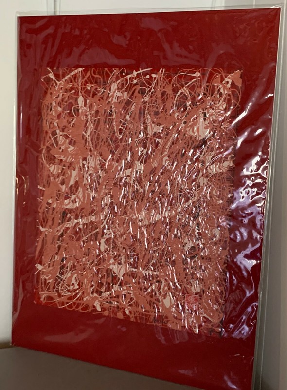 ABSTRACT PAINTING MODERN ASIAN ART CHERRY RED ACRYLIC SIGNED
