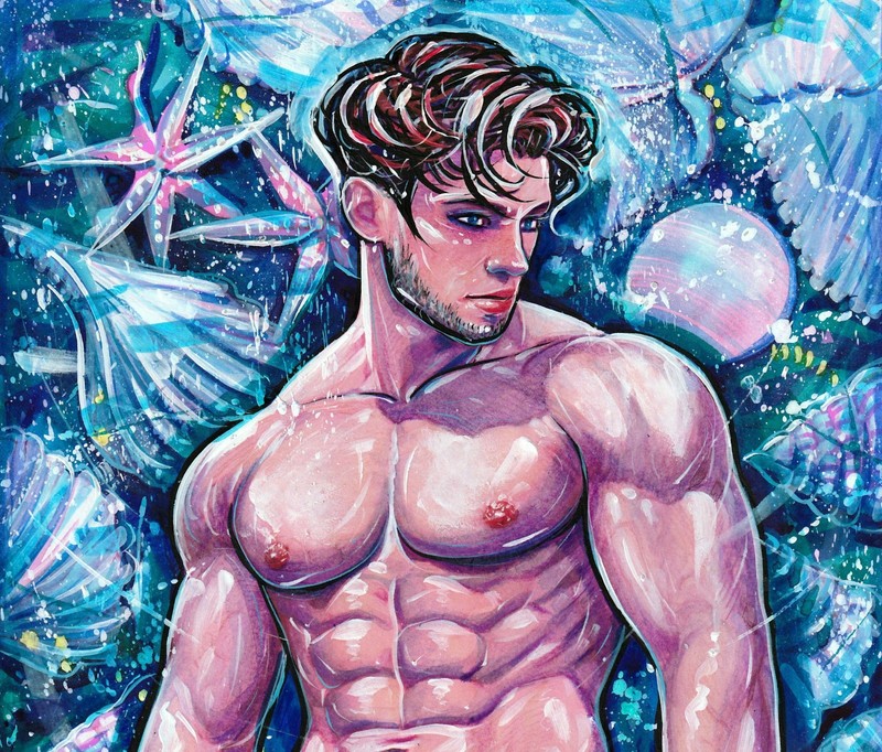 Original Male Figure Painting LGBTQ Art Ocean Fantasy Man Watercolor A4 Handmade gallery