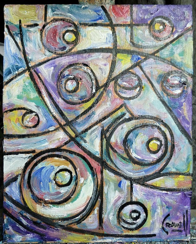 GO ROUND IN CIRCLES 8x10 oil painting abst wood art NEW original signed Crowell gallery