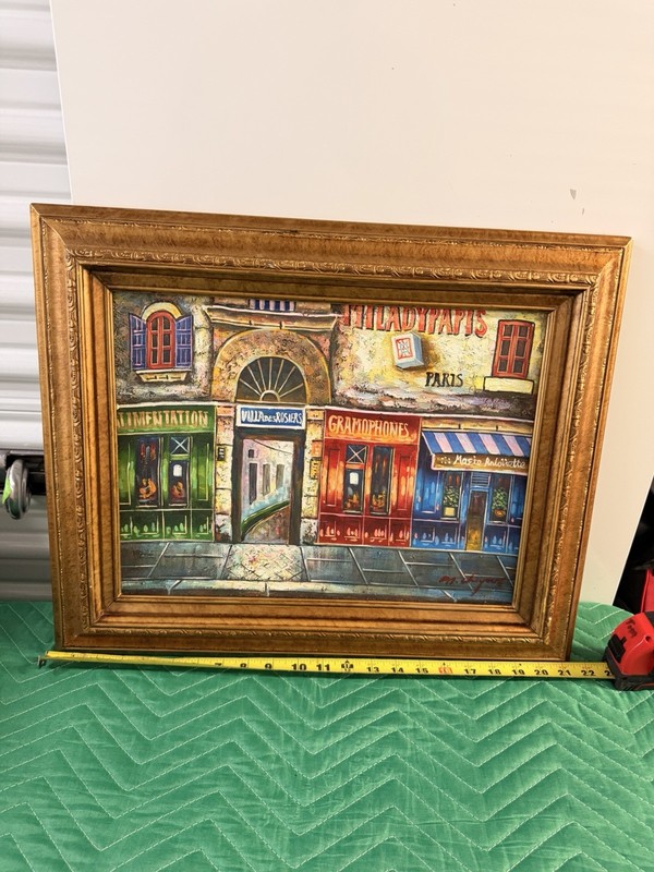 Framed M. Cheyrat Oil Painting Of Paris Cafes & Storefronts 17.5×21