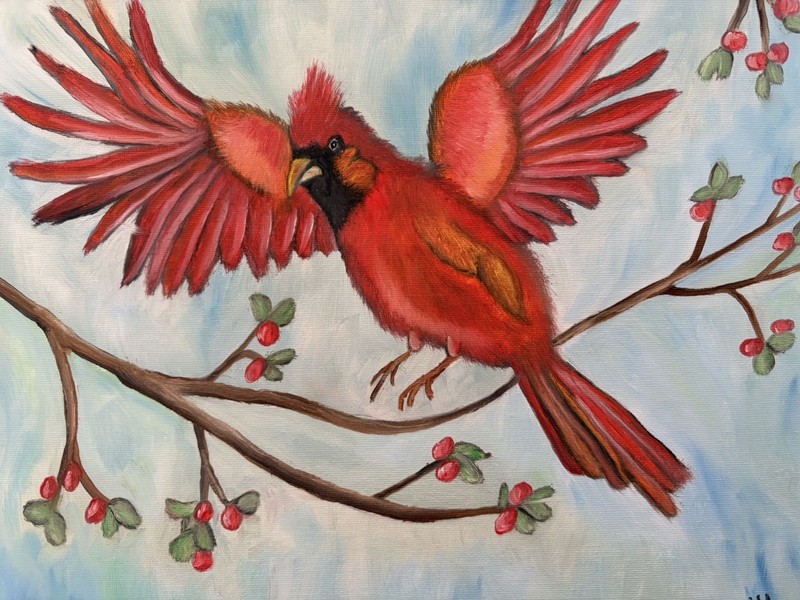 Original oil painting art on canvas 11 x 14 in portrait red bird cardinal