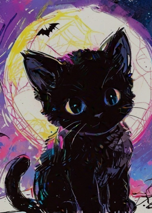 ACEO Mini *Art Print* Black Cat Baby Kitten Halloween Bats & Moon by Saulite