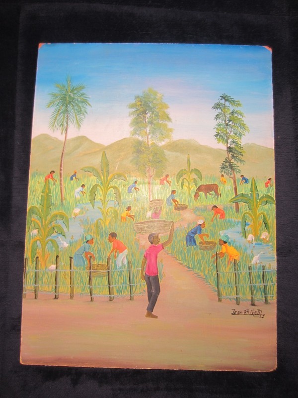 VTG~Colorful Signed:Jean Bte Cheby~Art Painting~People Working Fields~15 7/8″x12