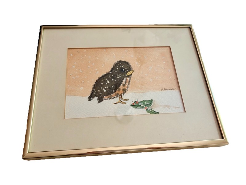 VTG Signed B. Hilands Baby Bird Folk Art Original Painting 8×10 Framed Winter